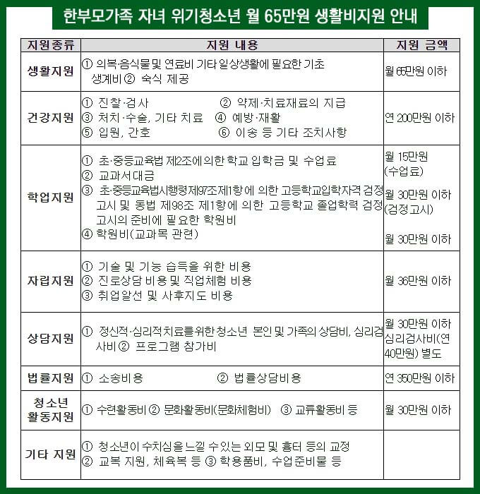 한부모가족 자녀 위기청소년 월 65만원 생활비지원 상세내용