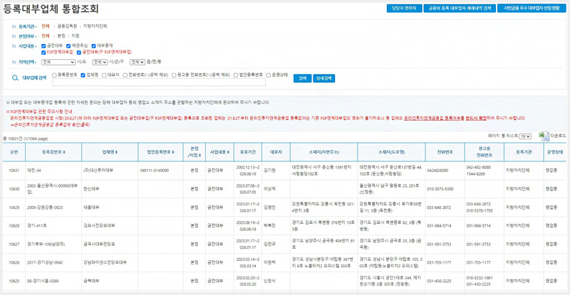 한국대부금융협회 등록대부업체 통합조회