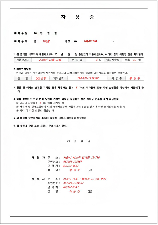 개인 간 금전거래 차용증